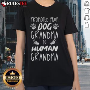 Funny 'Promoted From Dog Grandma To Human Grandma' ladies tee showcasing humor for proud grandmas and dog lovers.