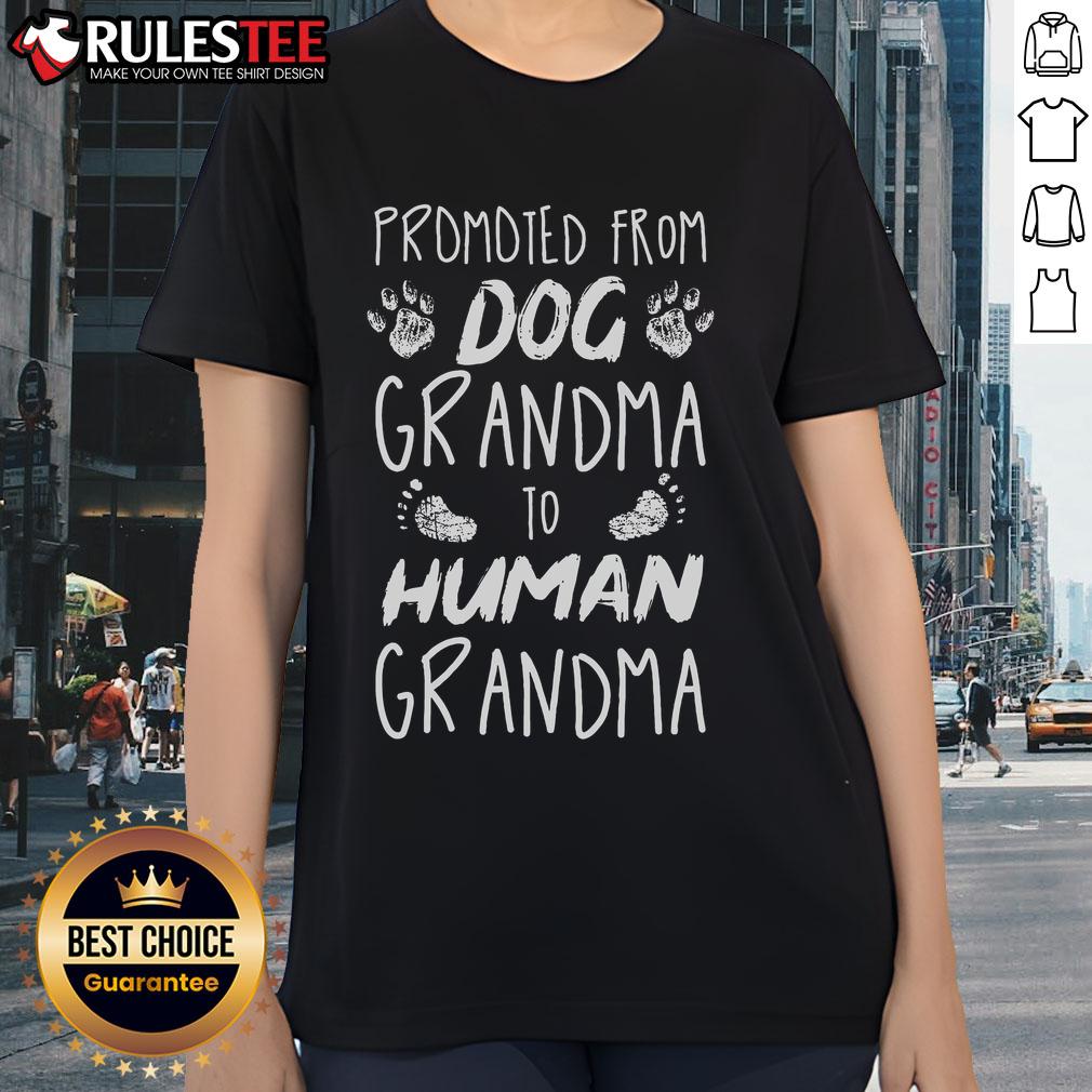 Funny 'Promoted From Dog Grandma To Human Grandma' ladies tee showcasing humor for proud grandmas and dog lovers.