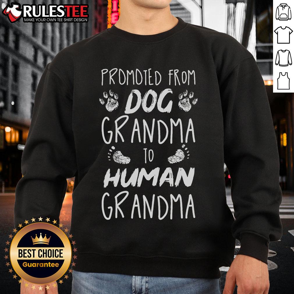Funny sweatshirt for dog grandmas promoted to human grandmas, showcasing humor and love for pets.