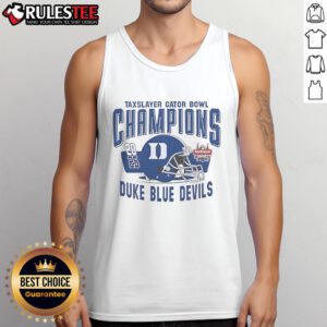 Alt Text: Duke Blue Devils helmet tank top celebrating 2025 Gator Bowl champions, perfect for fans and sports enthusiasts.