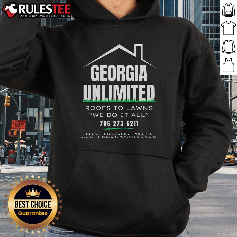 Hot Georgia Unlimited Roofs to Lawns hoodie featuring a stylish design for all your roofing and lawn care needs.