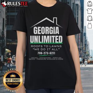 Hot Georgia Unlimited Roofs to Lawns Ladies Tee showcasing stylish design for outdoor enthusiasts and home improvement lovers.