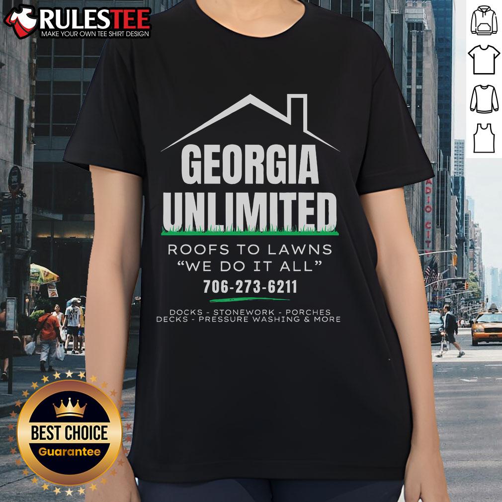 Hot Georgia Unlimited Roofs to Lawns Ladies Tee showcasing stylish design for outdoor enthusiasts and home improvement lovers.