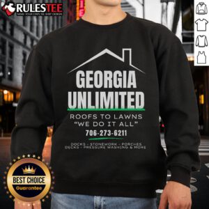 Hot Georgia Unlimited Roofs to Lawns sweatshirt featuring logo and stylish design for all your outdoor needs.