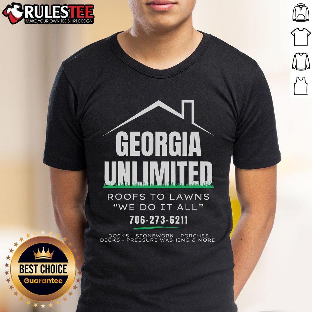 Hot Georgia Unlimited Roofs To Lawns We Do It All T-Shirt featuring a bold design for roofing and landscaping enthusiasts.
