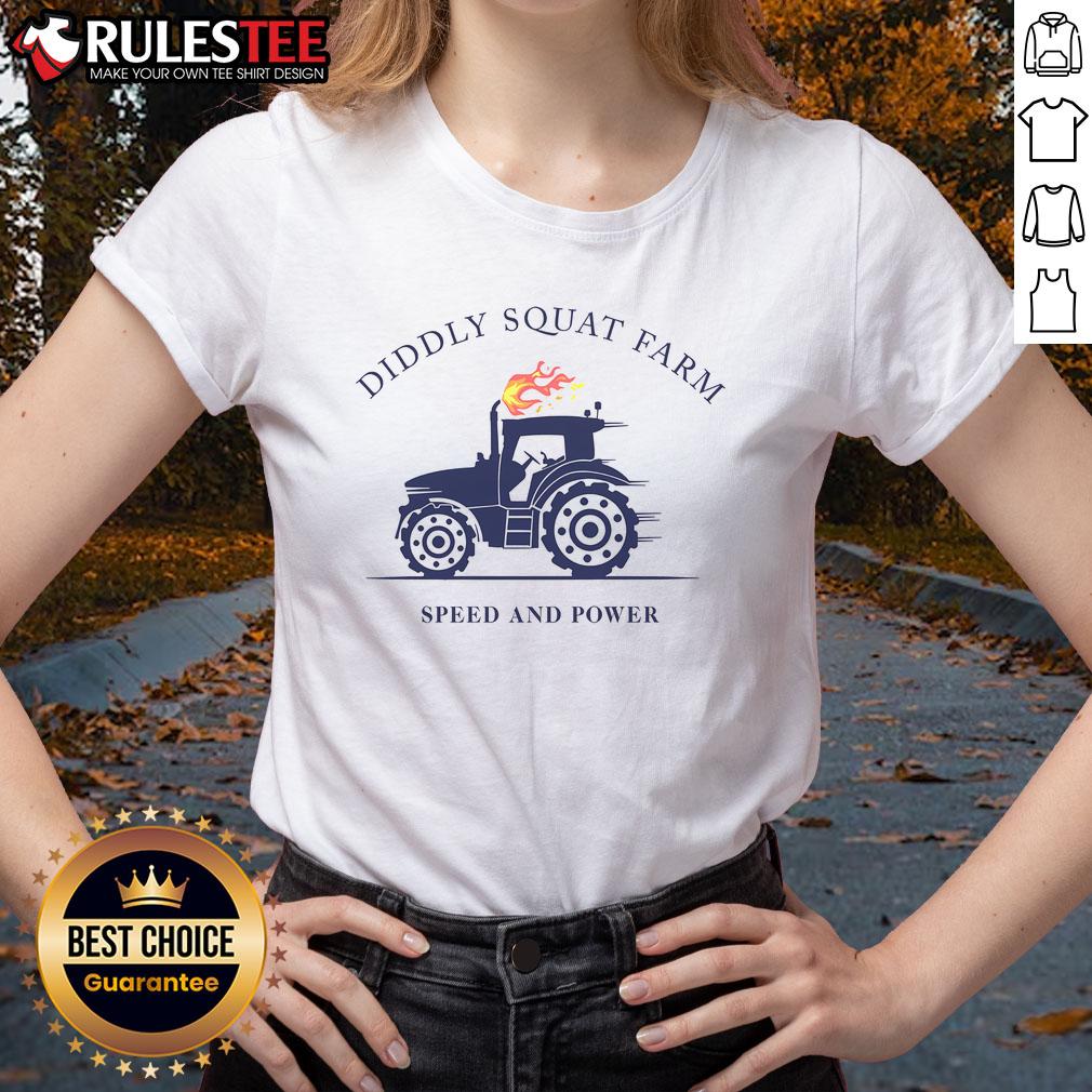 Official Tractor Diddly Squat Farm Speed and Power Ladies Tee featuring vibrant design and comfortable fit for casual wear.