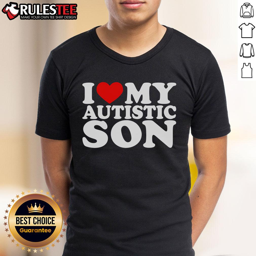 Pretty 'I Love My Autistic Son' T-Shirt featuring colorful text, celebrating autism awareness and love for children.