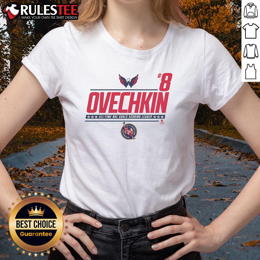 Awesome Alexander Ovechkin 8 NHL All-Time Leading Goal Scorer Ladies Tee showcases a stylish design celebrating Ovechkin's legacy.