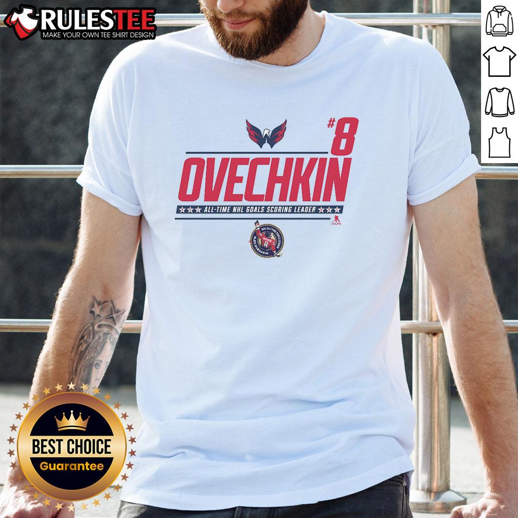 Awesome Alexander Ovechkin NHL All-Time Leading Goal Scorer T-Shirt featuring bold graphics and vibrant colors.