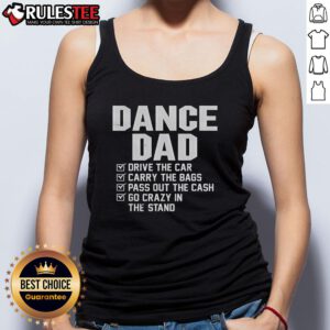 Awesome dance dad in a tank top driving a car, carrying bags, and cheering wildly in the stands at a sports event.