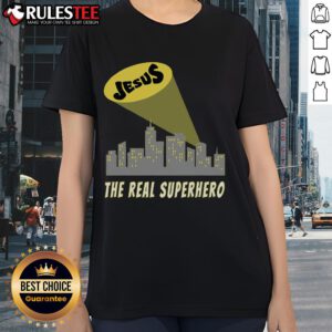 Awesome Jesus The Real Superhero Bat Signal Ladies Tee featuring a vibrant graphic of Jesus as a superhero.