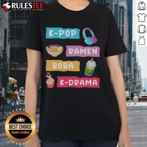 Awesome K-Pop Ramen Boba K-Drama Ladies Tee featuring vibrant graphics and stylish design for K-Pop fans.