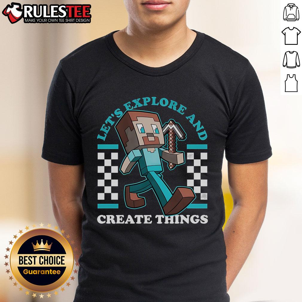 Alt Text: Awesome Let's Explore and Create Things Steve Minecraft T-Shirt featuring Steve character and vibrant graphics.