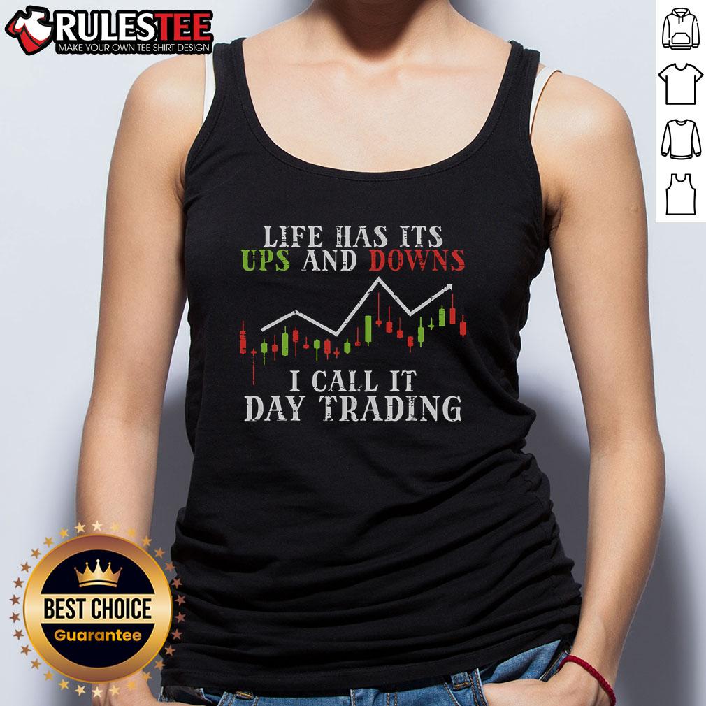 Alt Text: Day trading enthusiast wearing an Awesome Life Ups and Downs tank top, showcasing crypto and stock market themes.