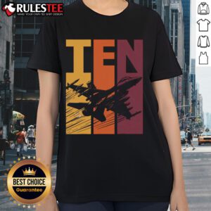 Awesome military fighter jet design on a ladies tee, perfect for a ten-year-old boy's 10th birthday celebration.