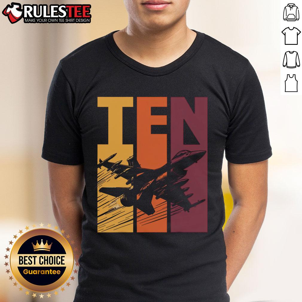 Awesome military fighter jet graphic on a 10th birthday t-shirt for boys, perfect for celebrating a ten-year-old's special day.