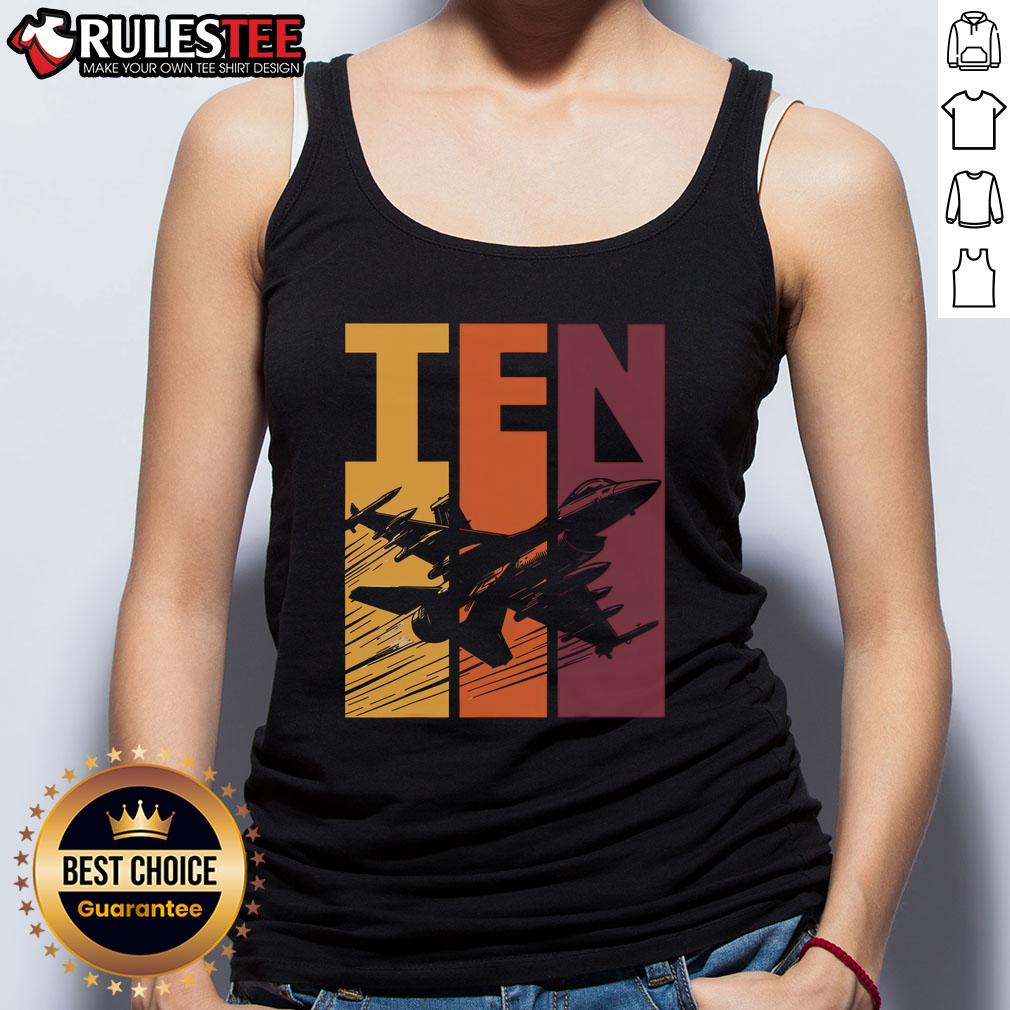 Retro military fighter jet tank top for a ten-year-old boy's 10th birthday celebration, perfect gift idea.