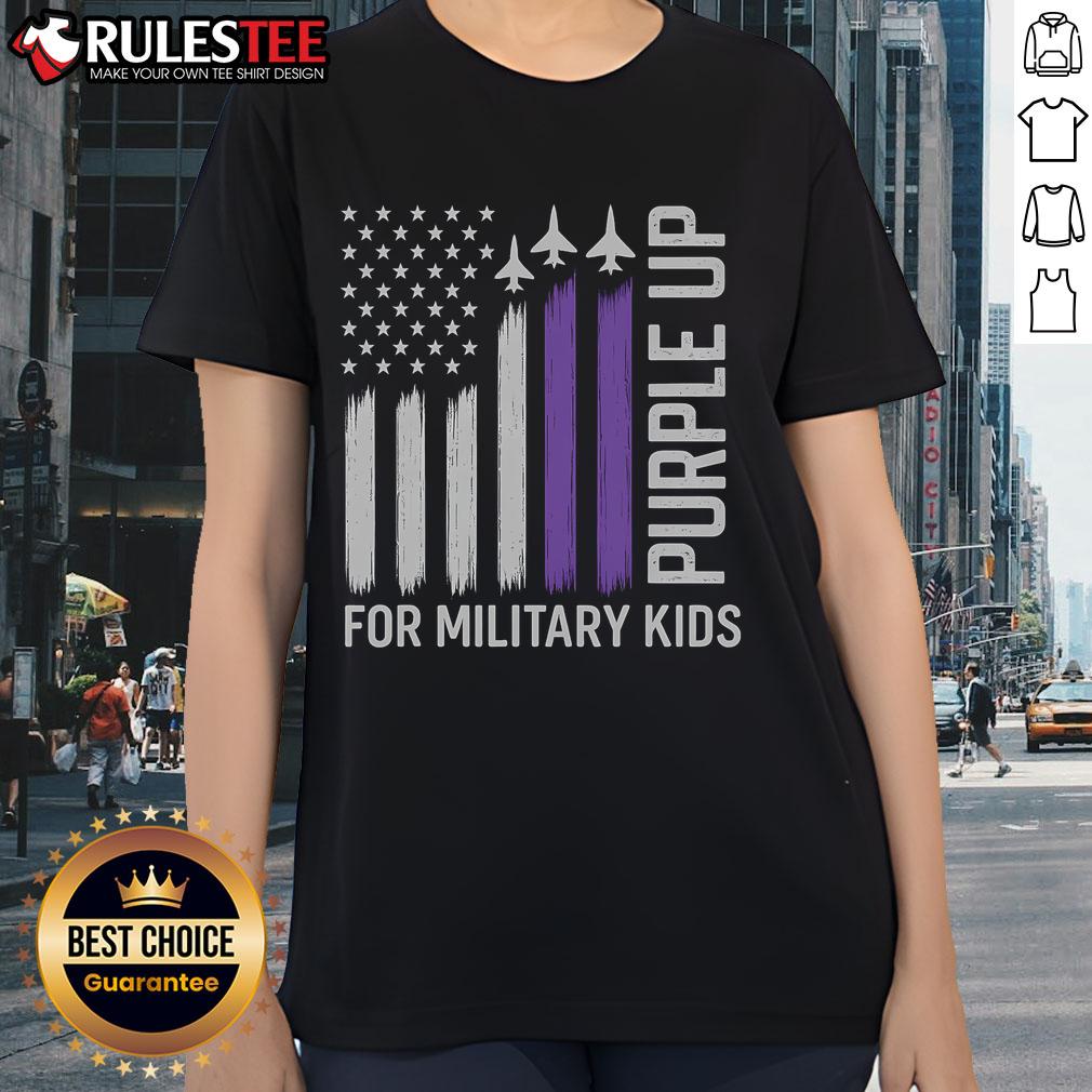 Awesome purple tee for Military Child Month featuring USA military flag design, perfect for ladies celebrating their heroes.