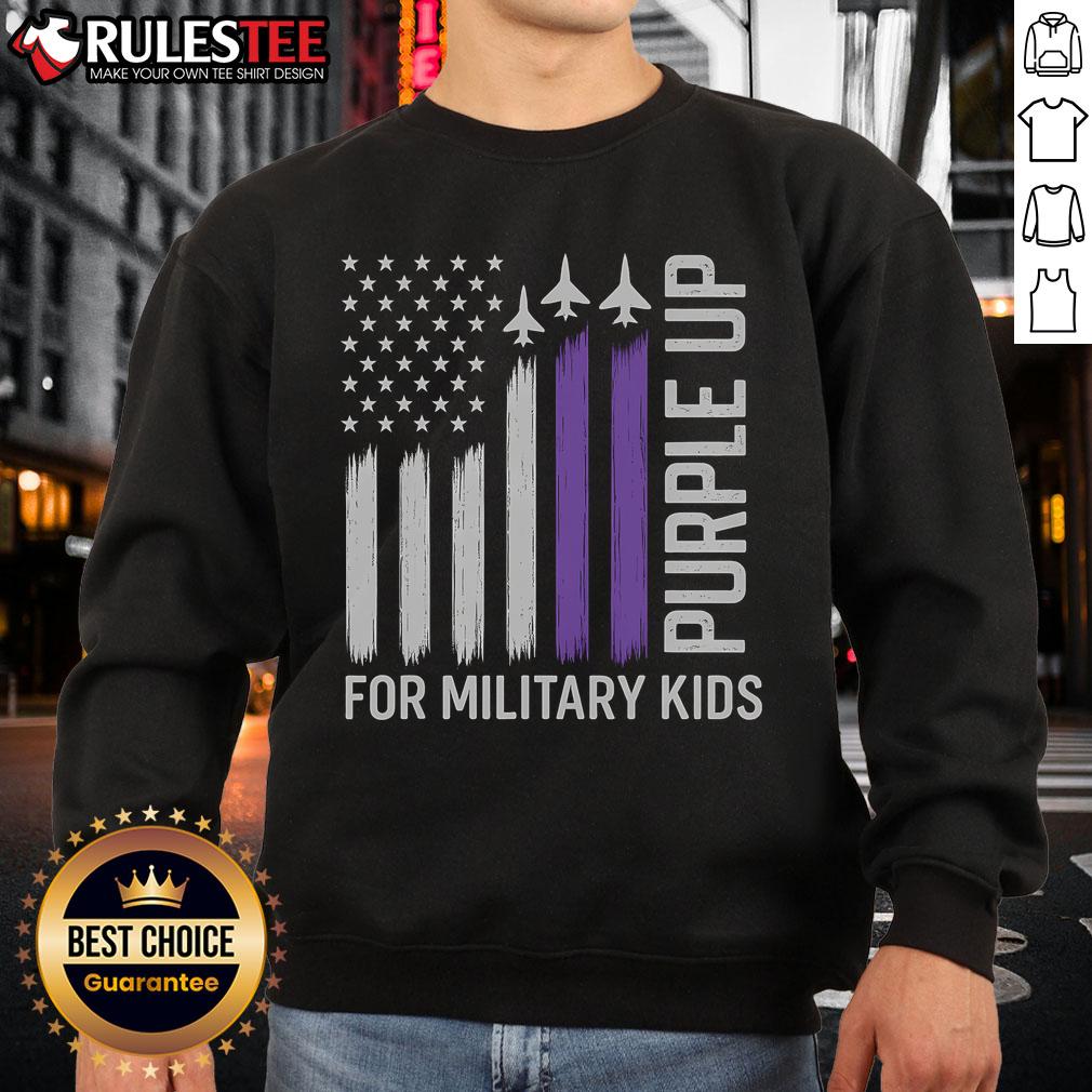 Awesome purple sweatshirt for Military Child Month featuring USA military flag design, perfect for proud military families.