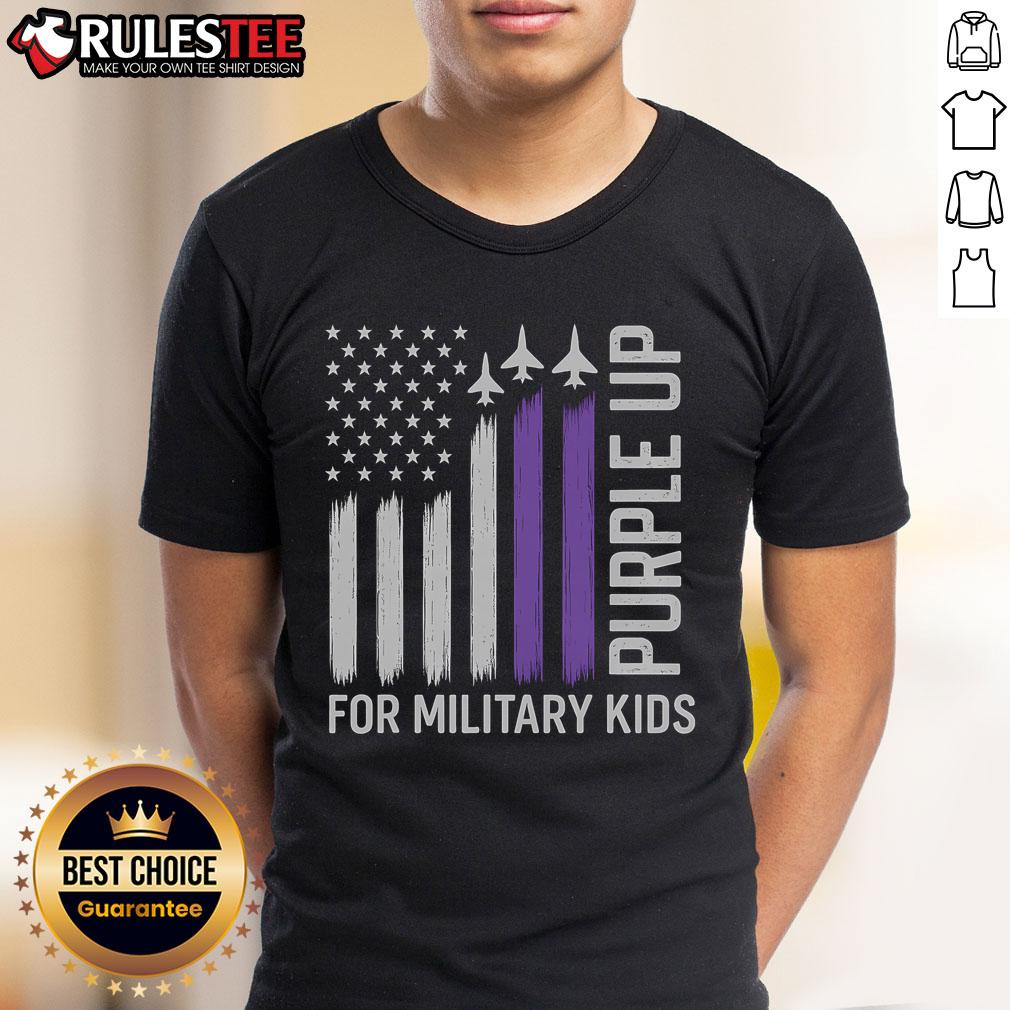 Awesome Purple Up For Military Flag t-shirt celebrating USA Military Child Month, perfect for military families.