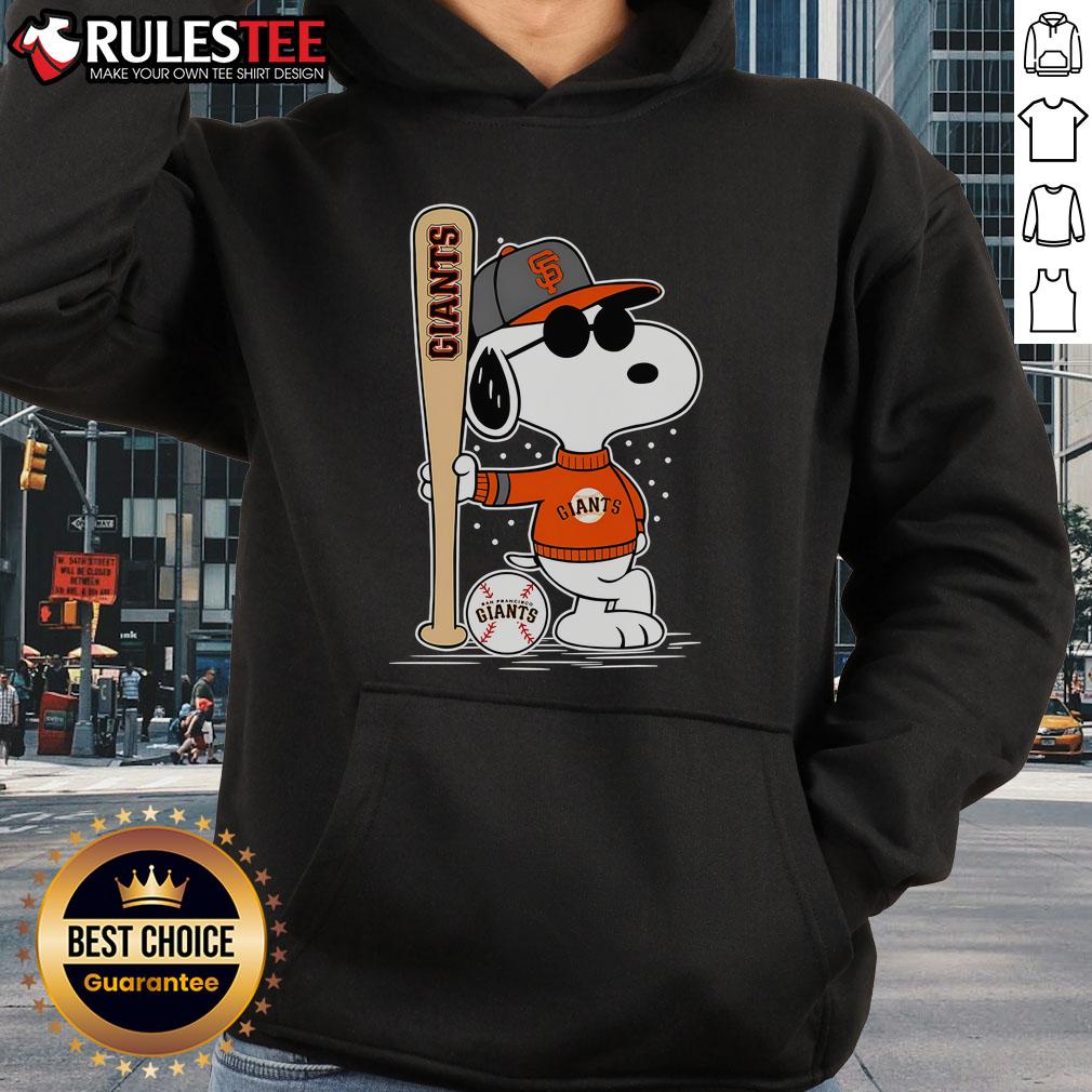 Alt Text: Awesome Snoopy standing pose on San Francisco Giants baseball hoodie, perfect for fans and stylish sportswear.