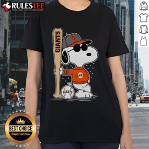 Alt Text: Awesome Snoopy standing pose on a San Francisco Giants baseball ladies tee, perfect for fans and casual wear.