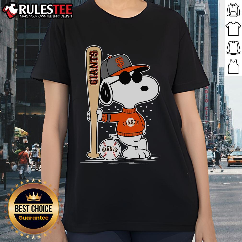 Alt Text: Awesome Snoopy standing pose on a San Francisco Giants baseball ladies tee, perfect for fans and casual wear.