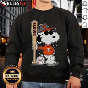 Alt Text: Snoopy standing pose on a San Francisco Giants baseball sweatshirt, showcasing a playful and sporty design.