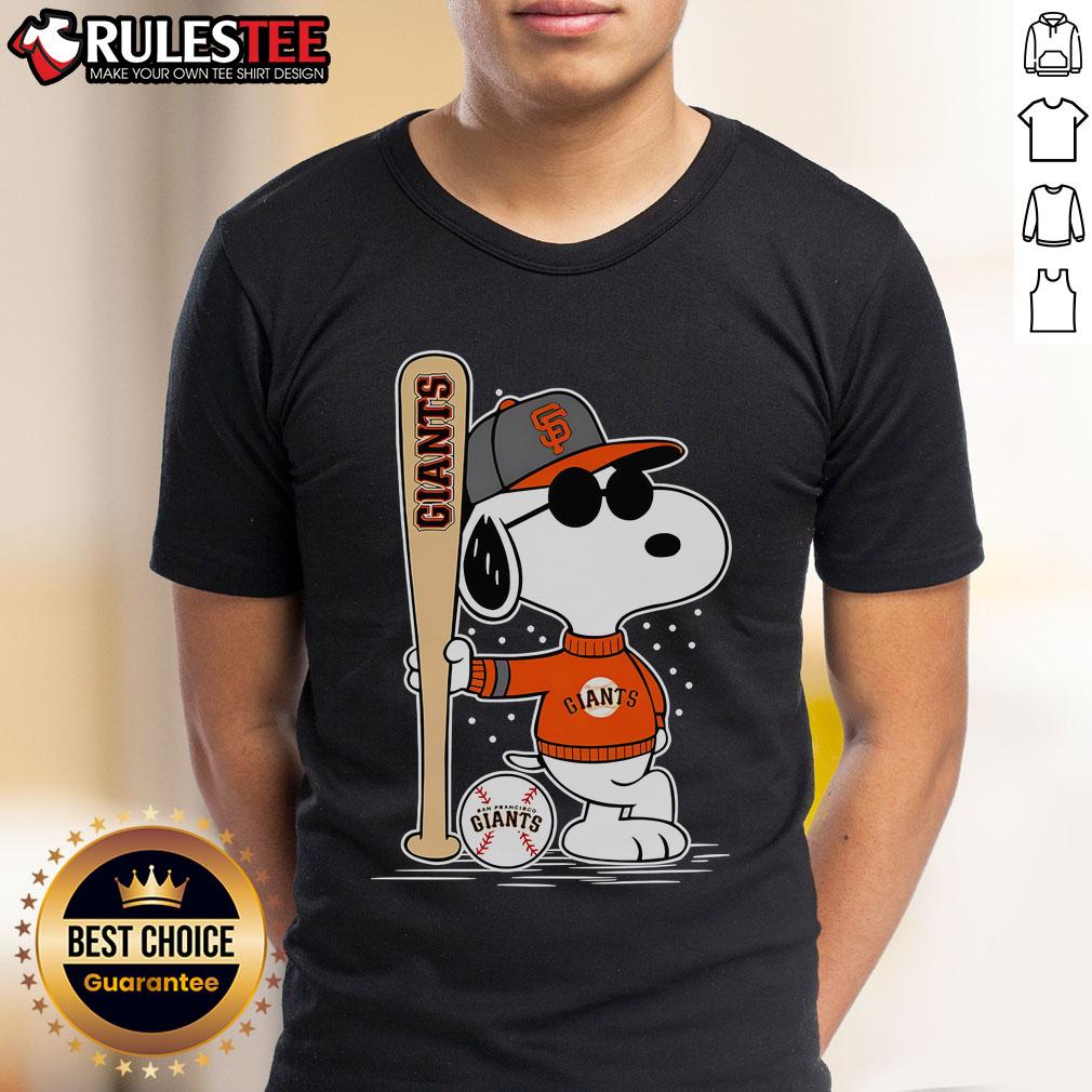 Alt Text: Awesome Snoopy standing pose on a San Francisco Giants baseball t-shirt, featuring vibrant colors and playful design.