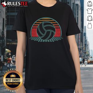 Alt Text: Retro 80s style volleyball lover ladies tee featuring a vibrant design, perfect for volleyball enthusiasts and vintage fans.