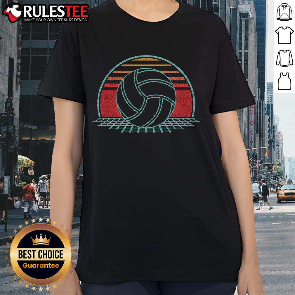 Alt Text: Retro 80s style volleyball lover ladies tee featuring a vibrant design, perfect for volleyball enthusiasts and vintage fans.