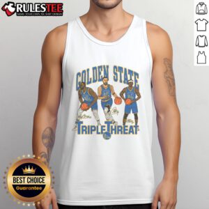 Awesome Warriors Triple Threat Green Curry Butler III Tank Top displayed on a mannequin, showcasing vibrant colors and design.