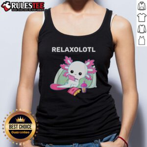 Cute axolotl lover wearing a Relaxolotl tank top, showcasing a vibrant design featuring the Mexican salamander.