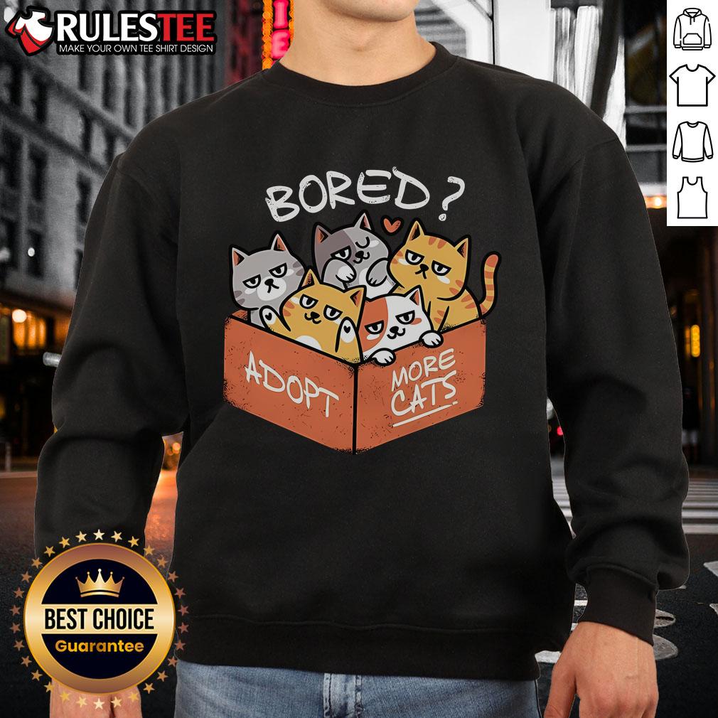 Cute bored cat wearing a sweatshirt that says 'Adopt More Cats' promoting cat adoption and awareness.