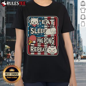 Cute cat eating, sleeping, and playing ping pong on a patriotic table tennis tee for ladies. Perfect for cat lovers!