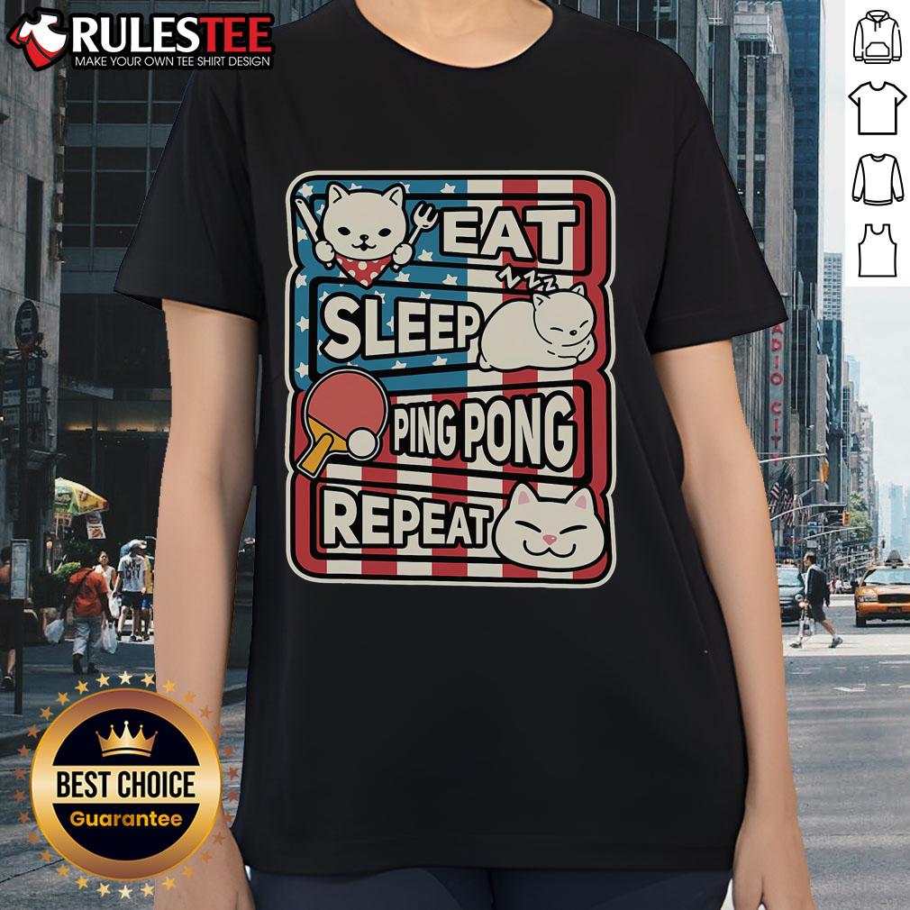 Cute cat eating, sleeping, and playing ping pong on a patriotic table tennis tee for ladies. Perfect for cat lovers!