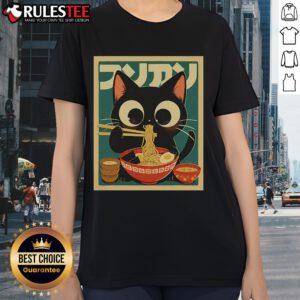 Cute cat ramen graphic on a funny Japanese kawaii anime ladies tee, perfect for cat lovers and anime fans.