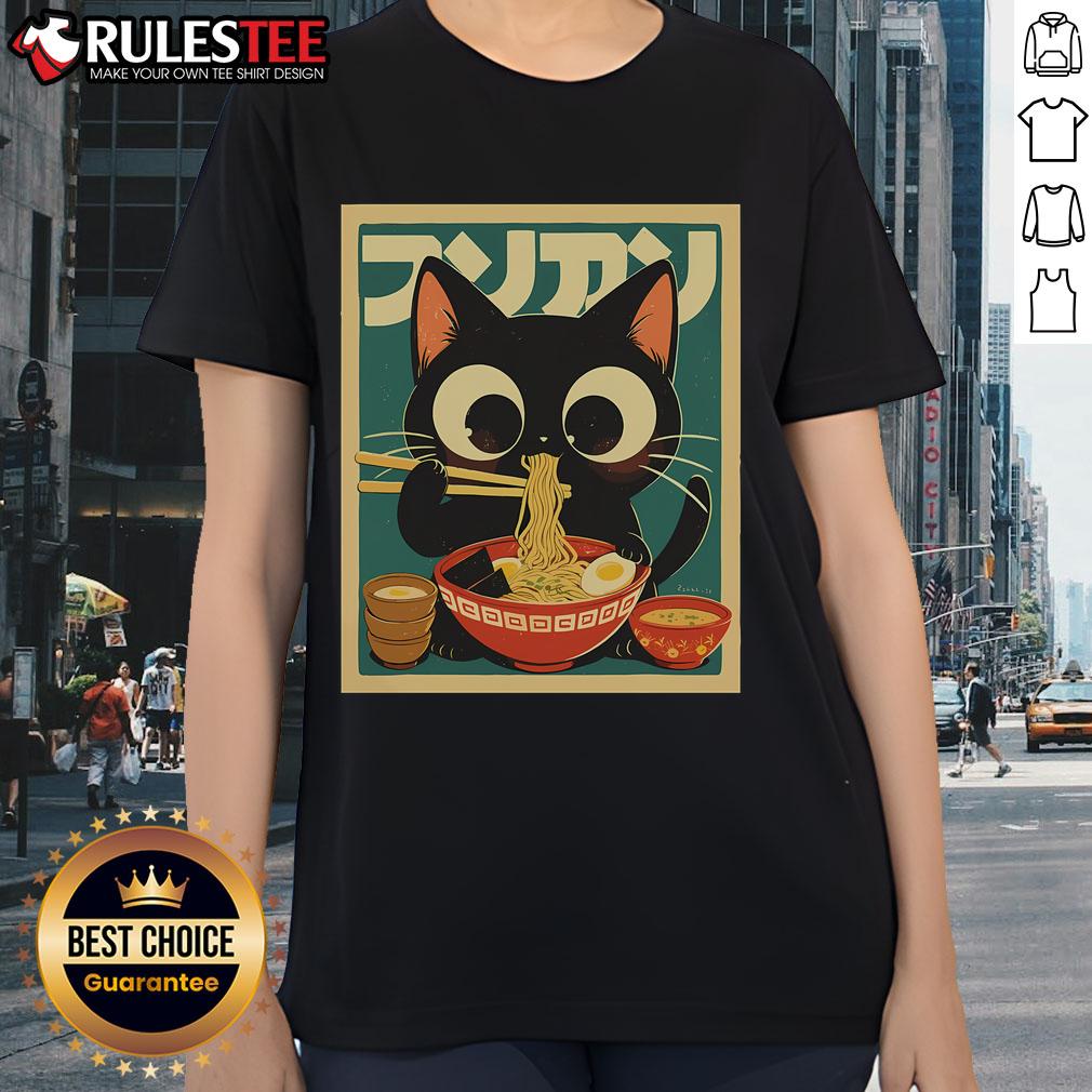 Cute cat ramen graphic on a funny Japanese kawaii anime ladies tee, perfect for cat lovers and anime fans.