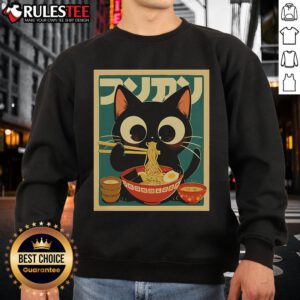 Adorable kawaii anime sweatshirt featuring a cute cat enjoying ramen in a playful Japanese style design.