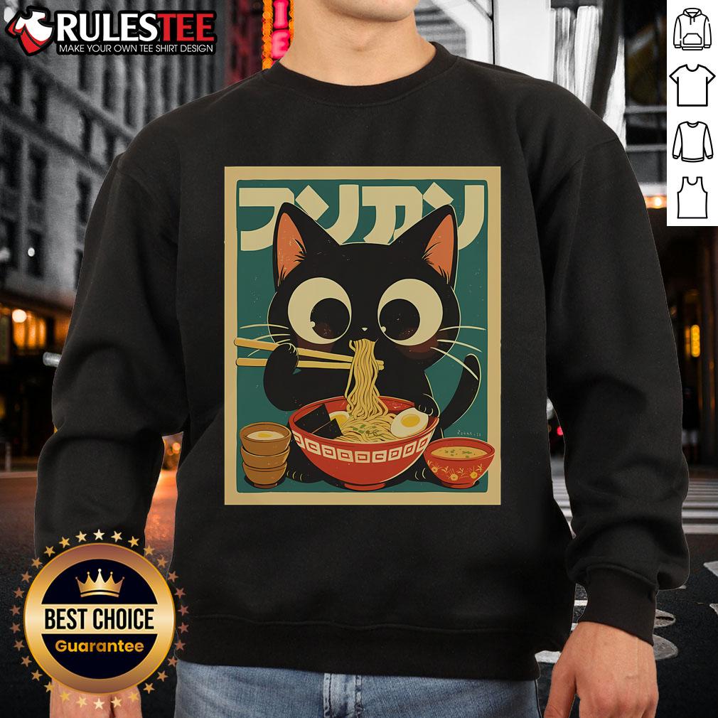 Adorable kawaii anime sweatshirt featuring a cute cat enjoying ramen in a playful Japanese style design.