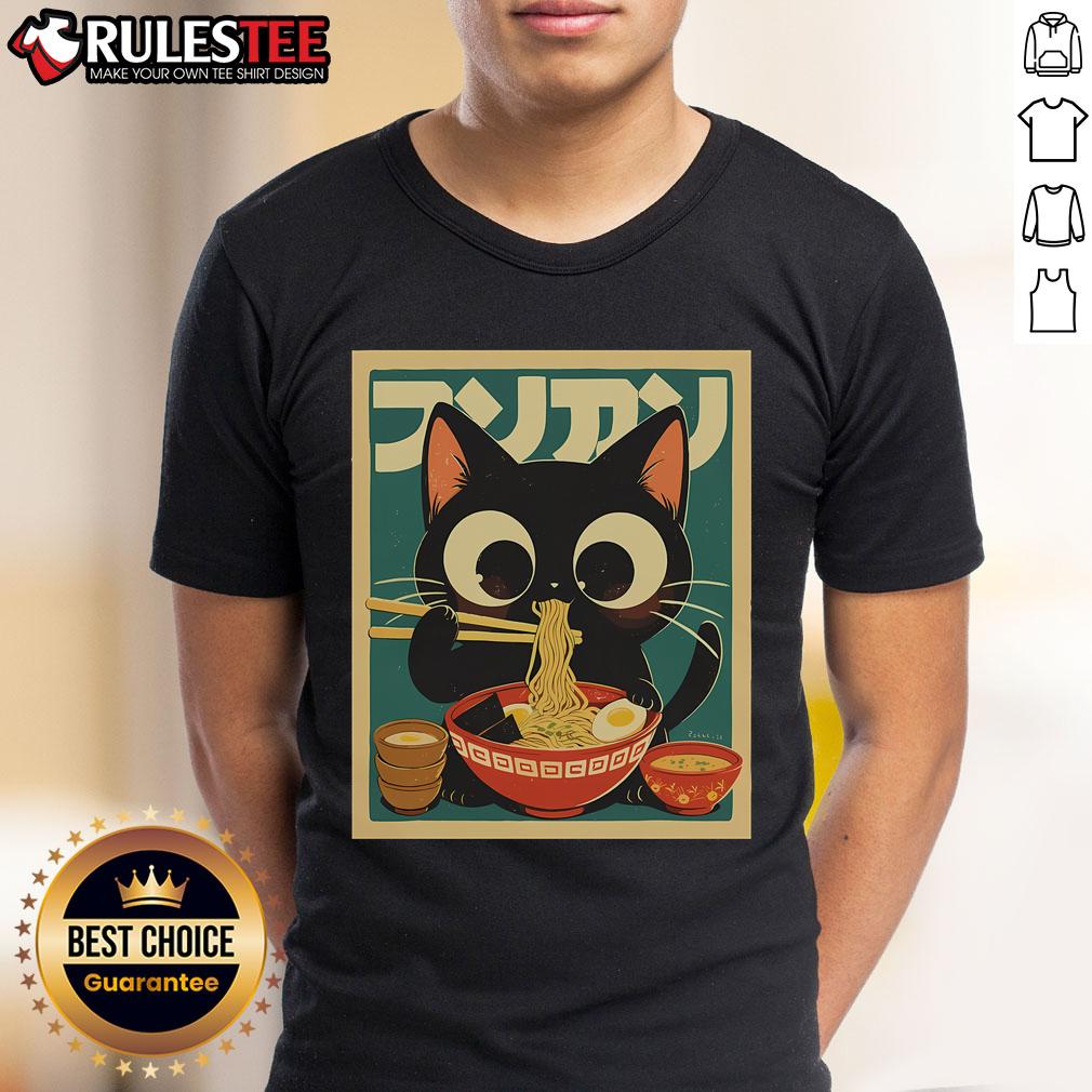 Cute cat ramen graphic on a funny Japanese kawaii anime T-shirt, perfect for cat lovers and anime fans.