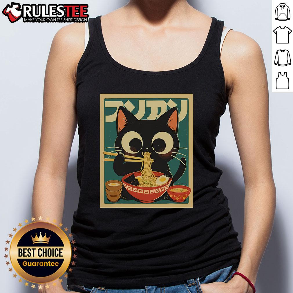 Cute cat ramen tank top featuring kawaii anime design, perfect for fans of Japanese culture and adorable fashion.