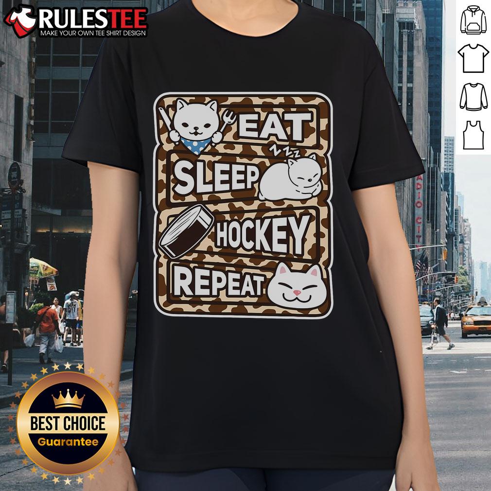 Cute Eat Sleep Hockey Repeat Tee for ladies, perfect for hockey lovers who enjoy comfort and style.