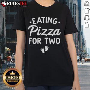 Funny pregnancy announcement tee featuring two ladies happily eating pizza together, perfect for cute maternity humor.