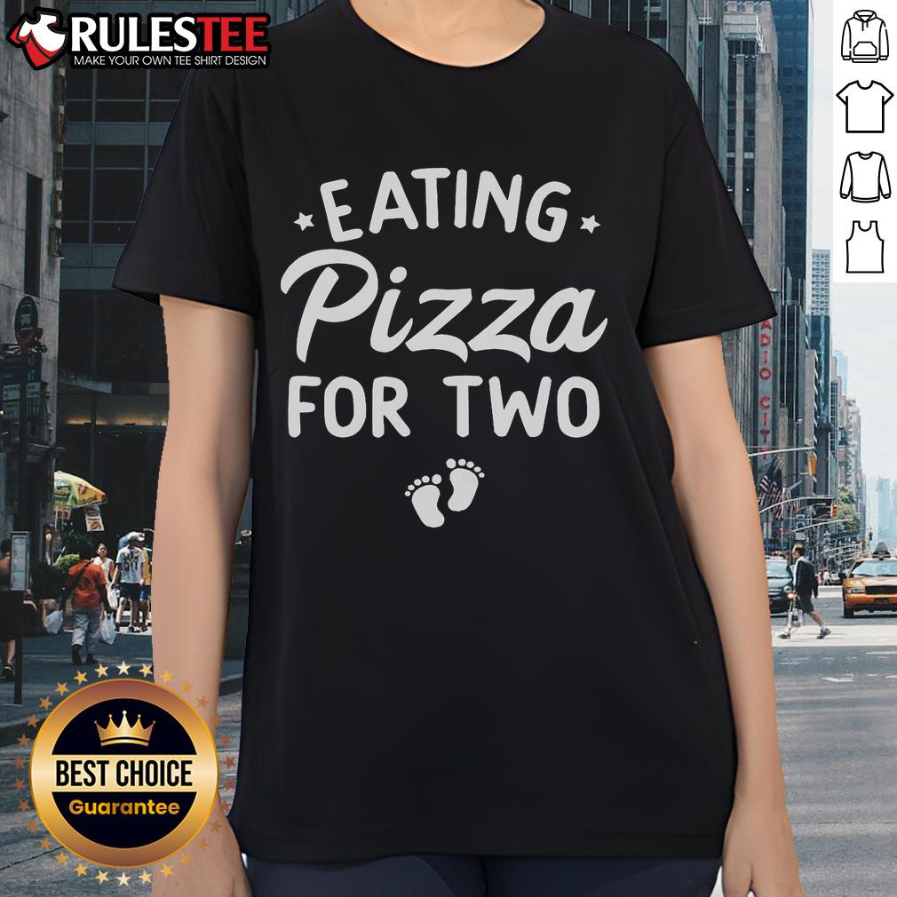 Funny pregnancy announcement tee featuring two ladies happily eating pizza together, perfect for cute maternity humor.
