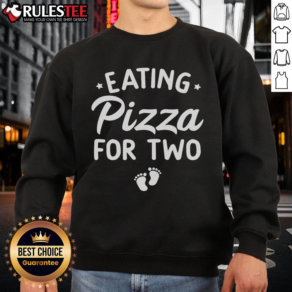 Couple wearing 'Cute Eating Pizza for Two' sweatshirt for funny pregnancy announcement, showcasing joy and love.