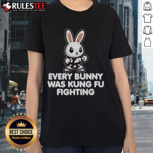 Alt Text: Cute bunny in a martial arts pose on a women's tee, showcasing the fun design 'Every Bunny Was Kung Fu Fighting'.