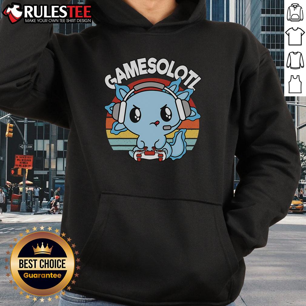 Cute Gamesolotl axolotl gamer in vintage sunset hoodie, showcasing a playful gaming style and vibrant colors.