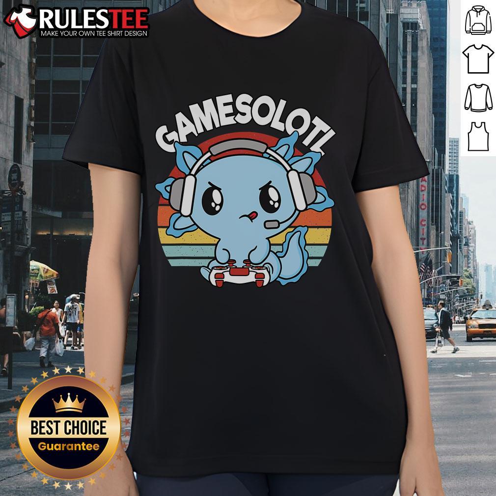 Alt Text: Cute Gamesolotl axolotl gamer tee featuring a vintage sunset design, perfect for gaming enthusiasts and axolotl lovers.