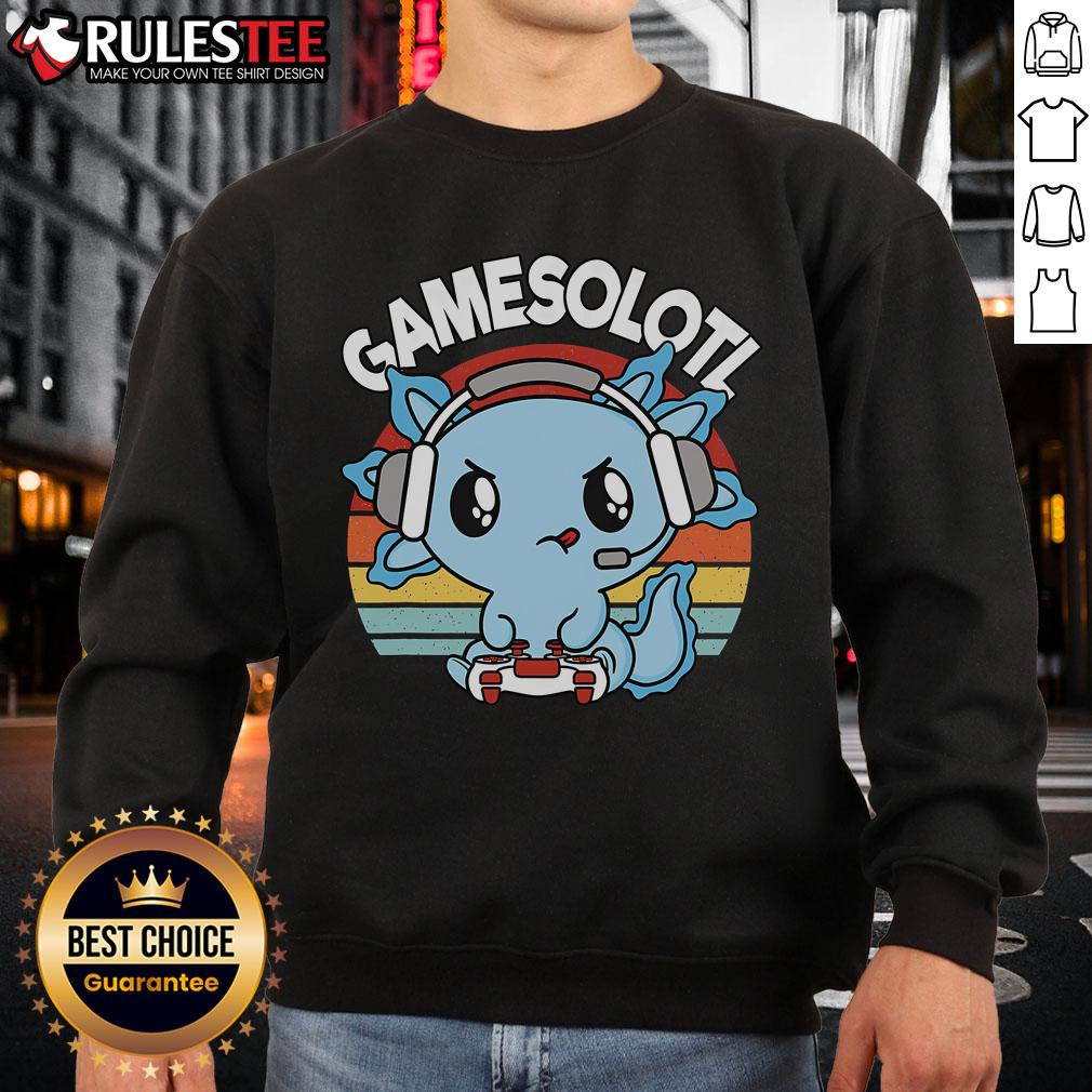 Cute Gamesolotl Axolotl gamer sweatshirt with vintage sunset design, perfect for gaming enthusiasts and axolotl lovers.
